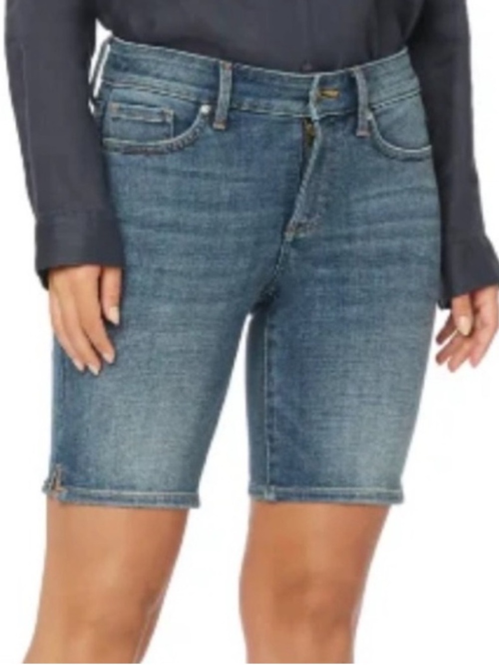NYDJ Ella Denim Bermuda Shorts Size 8 High Rise Medium Wash Slit Hem Stretch